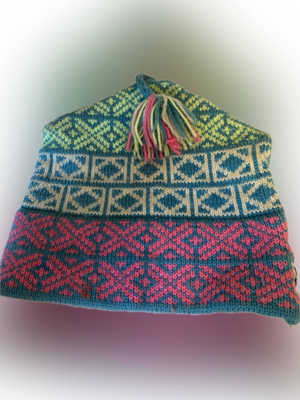 Vintage 80s Murray Merkley Hand Knit Wool Fair Isle Toque Hat Tassel Ski Retro